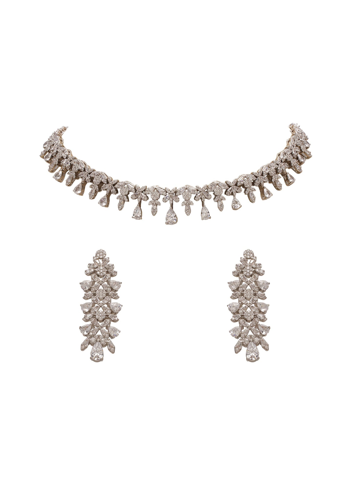 White Rhodium Statement Choker Necklace Set