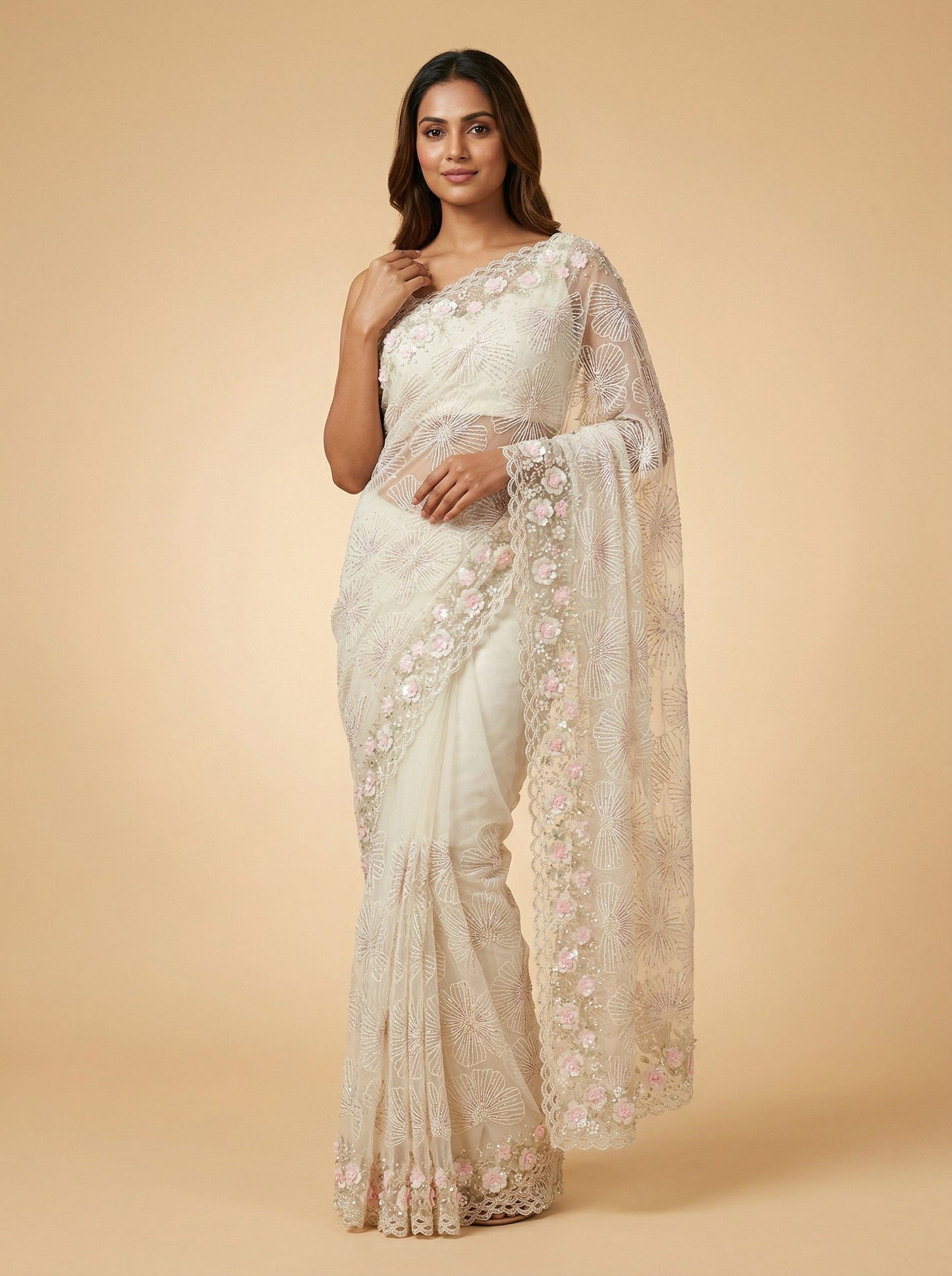 White Sharp Embroidered Saree