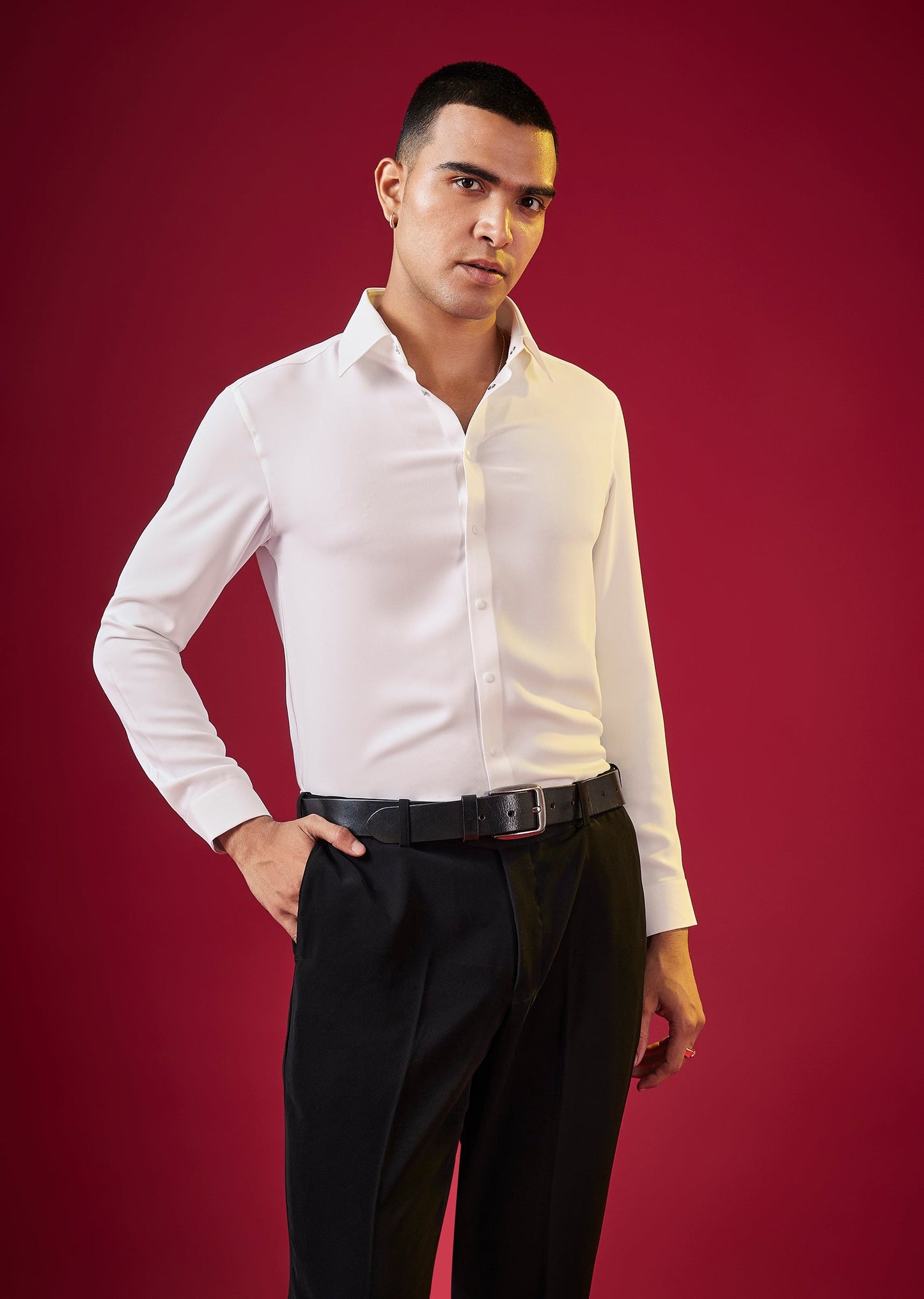White Solid Viscose Button Front Mens Shirt
