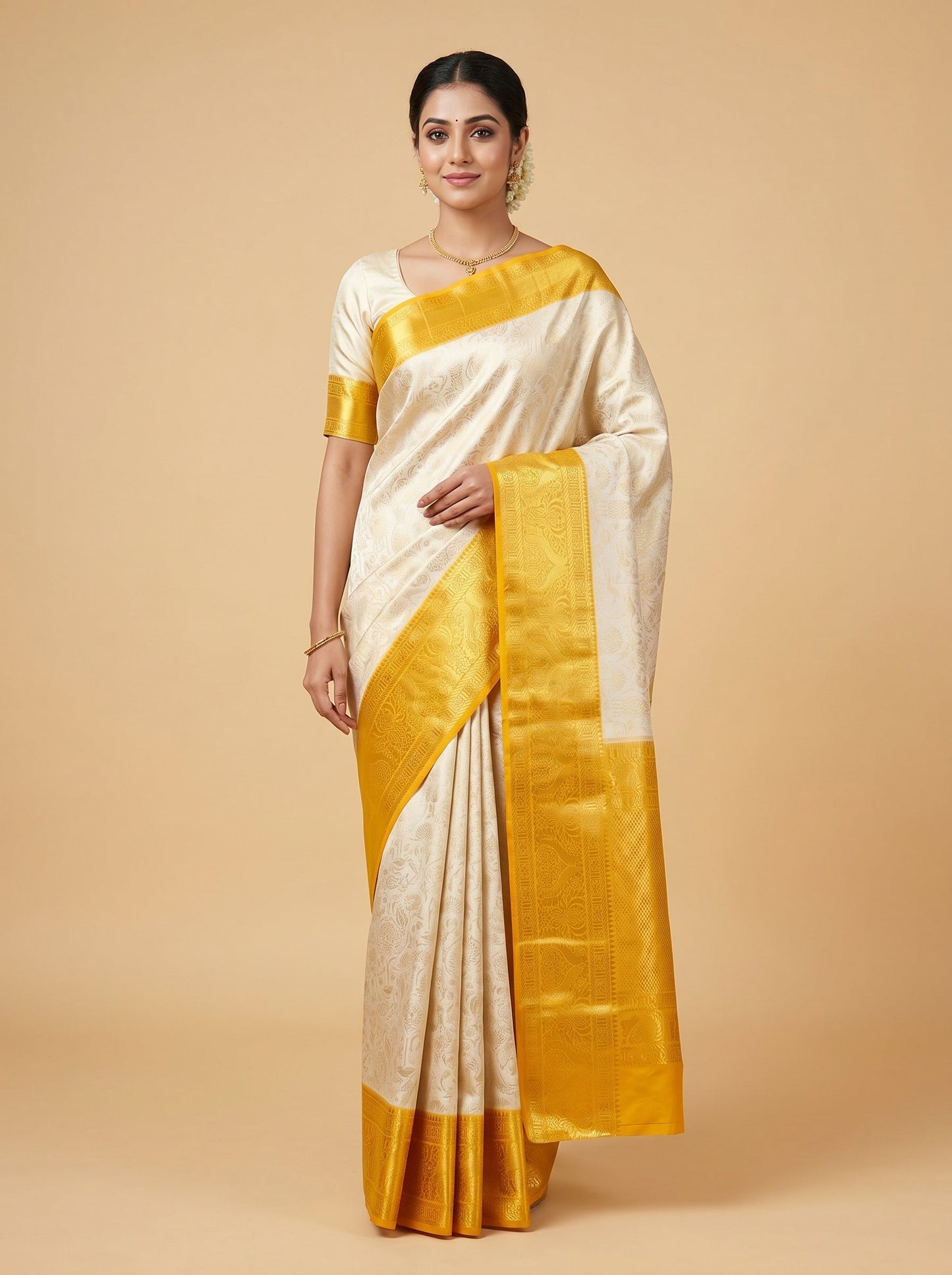 White Yellow Soft Fusion Handloom Saree
