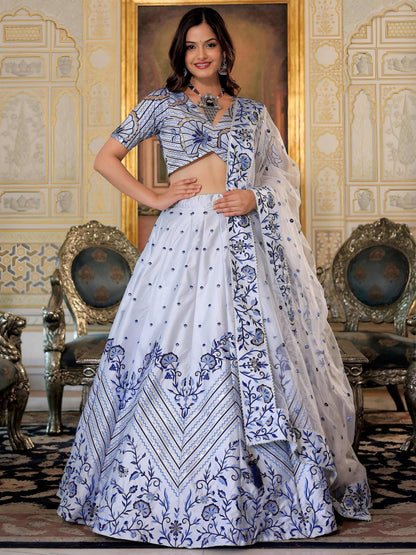 Tulsi Art Graceful White Satin Thread Embroidered Party Wear Lehenga Choli