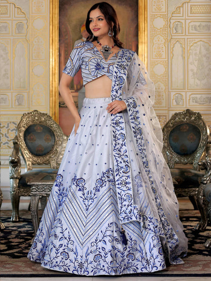 Tulsi Art Graceful White Satin Thread Embroidered Party Wear Lehenga Choli