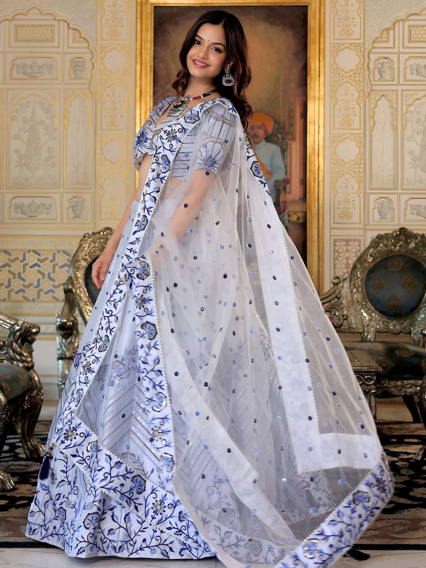 Tulsi Art Graceful White Satin Thread Embroidered Party Wear Lehenga Choli