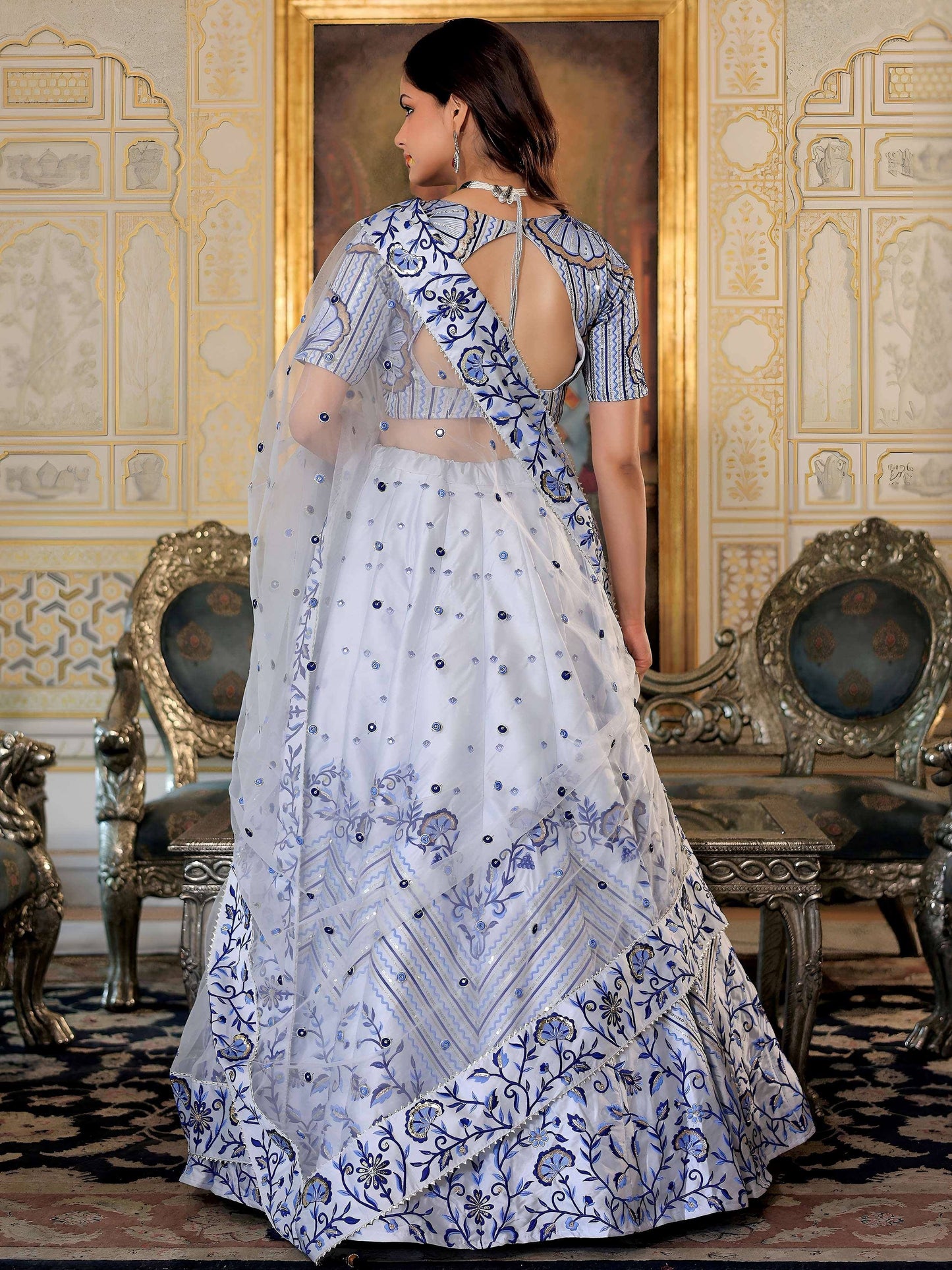 Tulsi Art Graceful White Satin Thread Embroidered Party Wear Lehenga Choli
