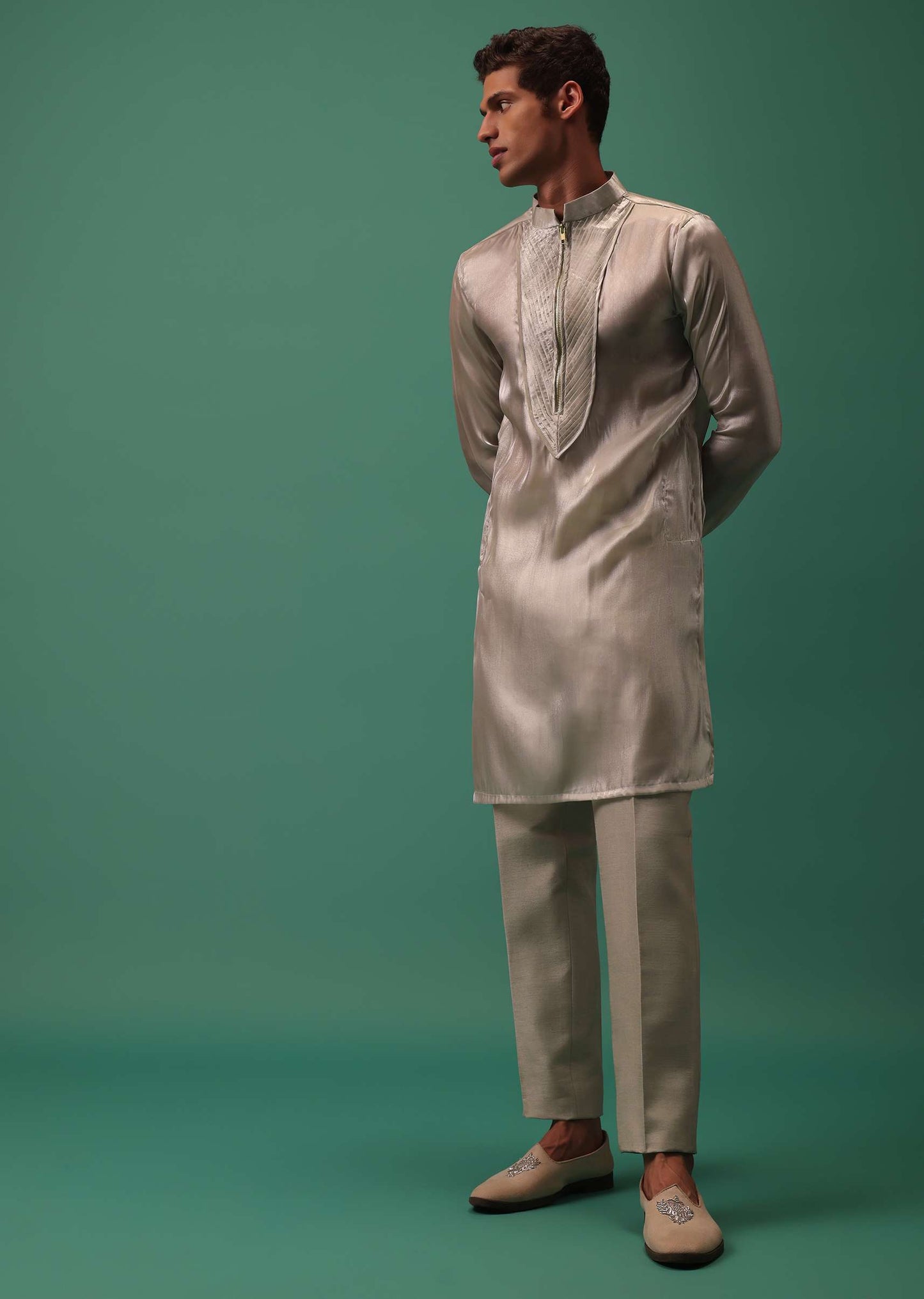 White Organza Kurta And Fusing Pants Set With Heavy Embroidered Overlapping Jacket