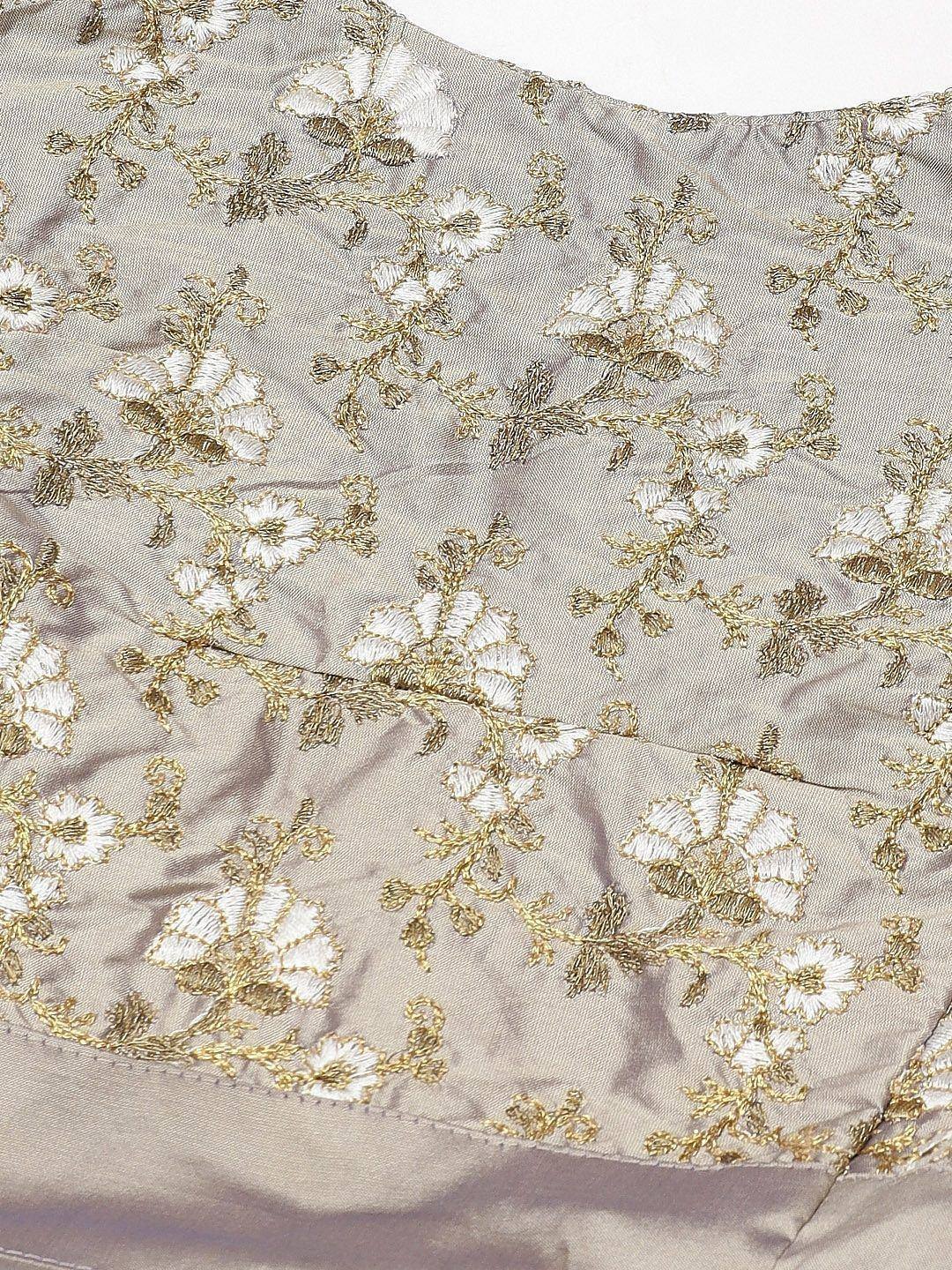 Tulsi Art White & Taupe Embroidered Semi-Stitched Myntra Lehenga & Unstitched Blouse With Dupatta