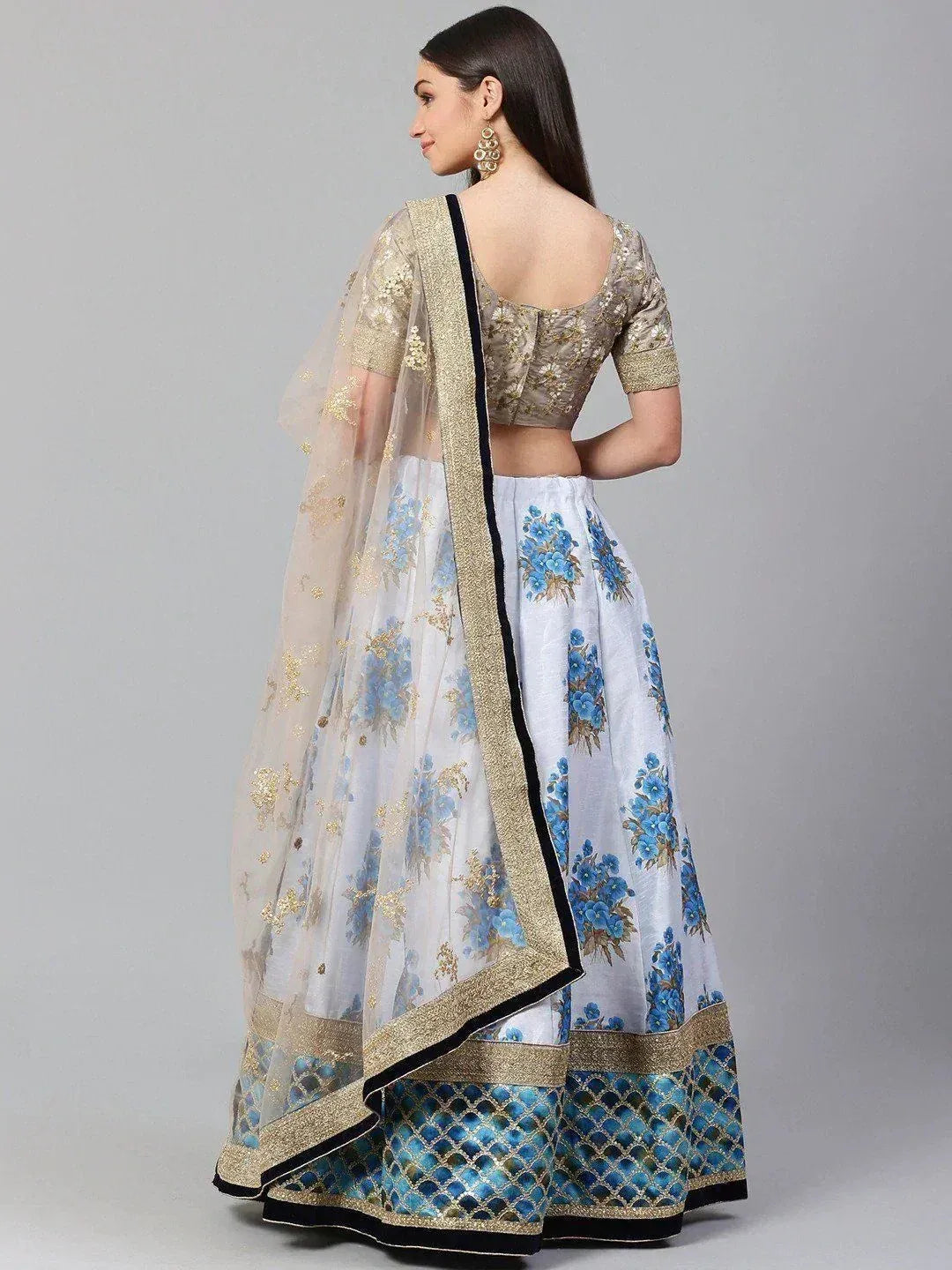 Tulsi Art White & Taupe Embroidered Semi-Stitched Myntra Lehenga & Unstitched Blouse With Dupatta