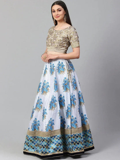 Tulsi Art White & Taupe Embroidered Semi-Stitched Myntra Lehenga & Unstitched Blouse With Dupatta