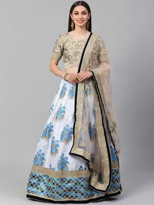Tulsi Art White & Taupe Embroidered Semi-Stitched Myntra Lehenga & Unstitched Blouse With Dupatta