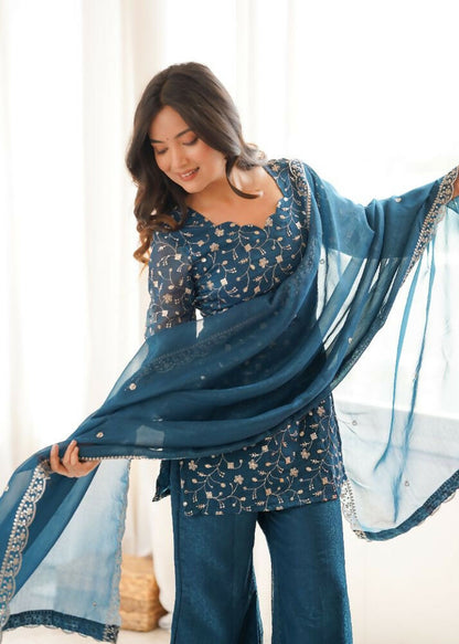Teeya Creation Teal Blue Embroidered Short Kurti Sharara Suit Set With Dupatta