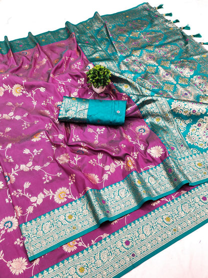 Mameraa Sarees Wine Soft Silk Blend Saree With Zari Weaving Meenakari Design-Wine