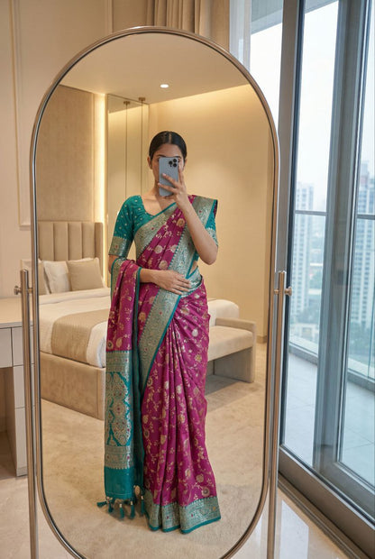 Mameraa Sarees Wine Soft Silk Blend Saree With Zari Weaving Meenakari Design-Wine