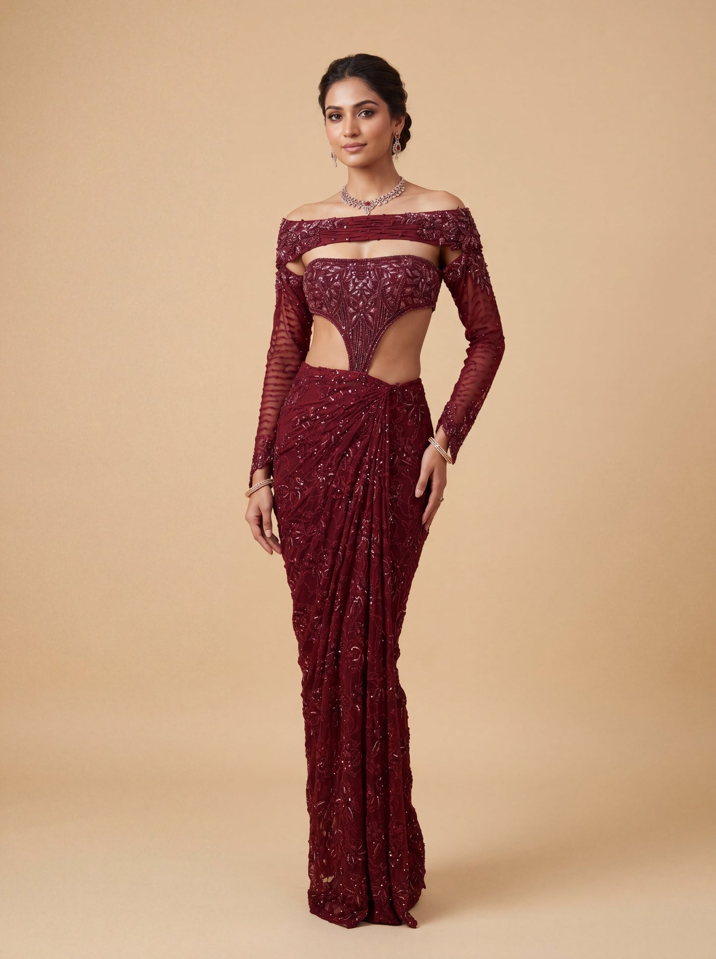 Wine Contemporary Gown With Bodycon Fit Side Slit