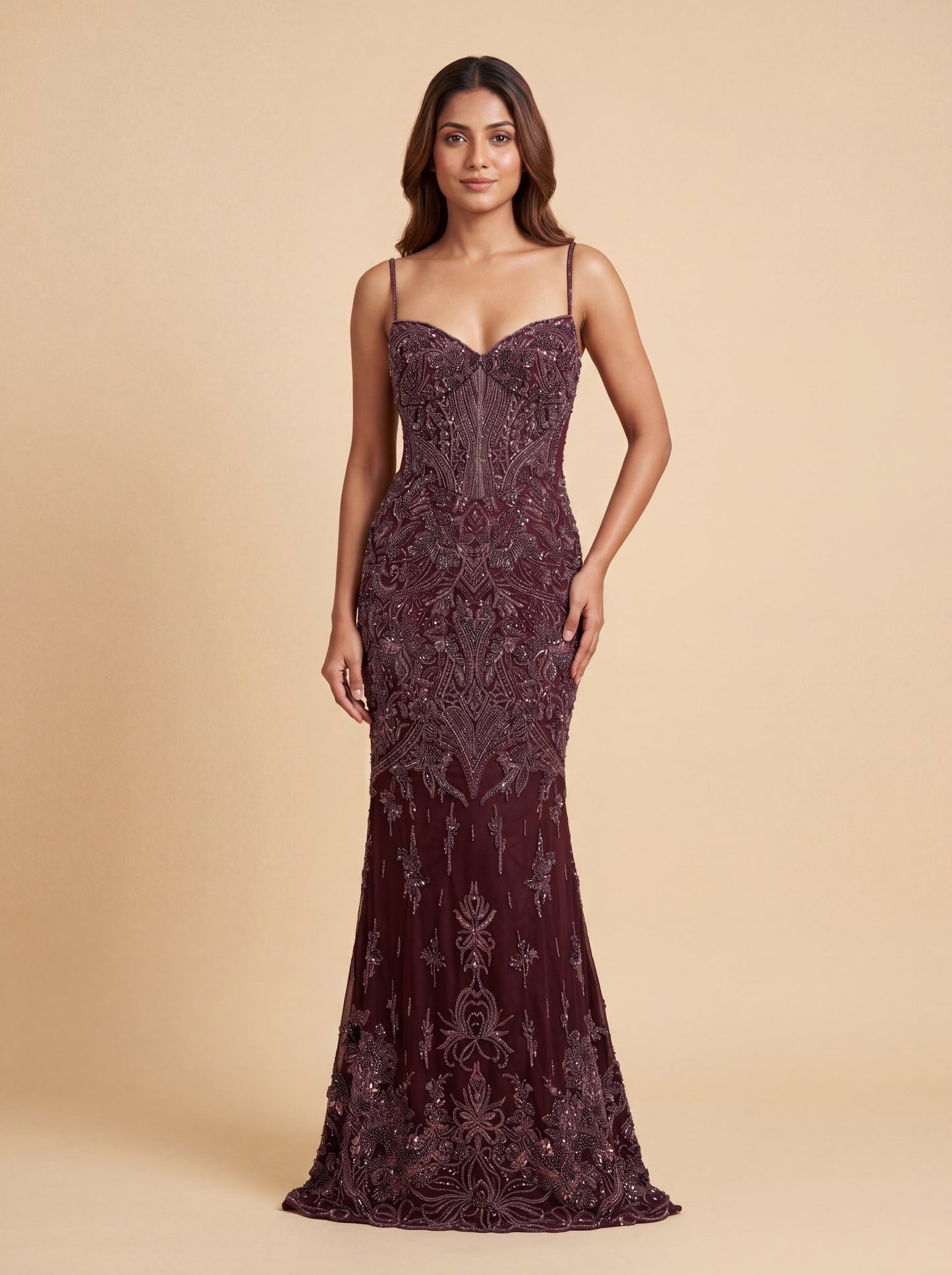 Wine Contemporary Gown With Glamorous Sequin Finish