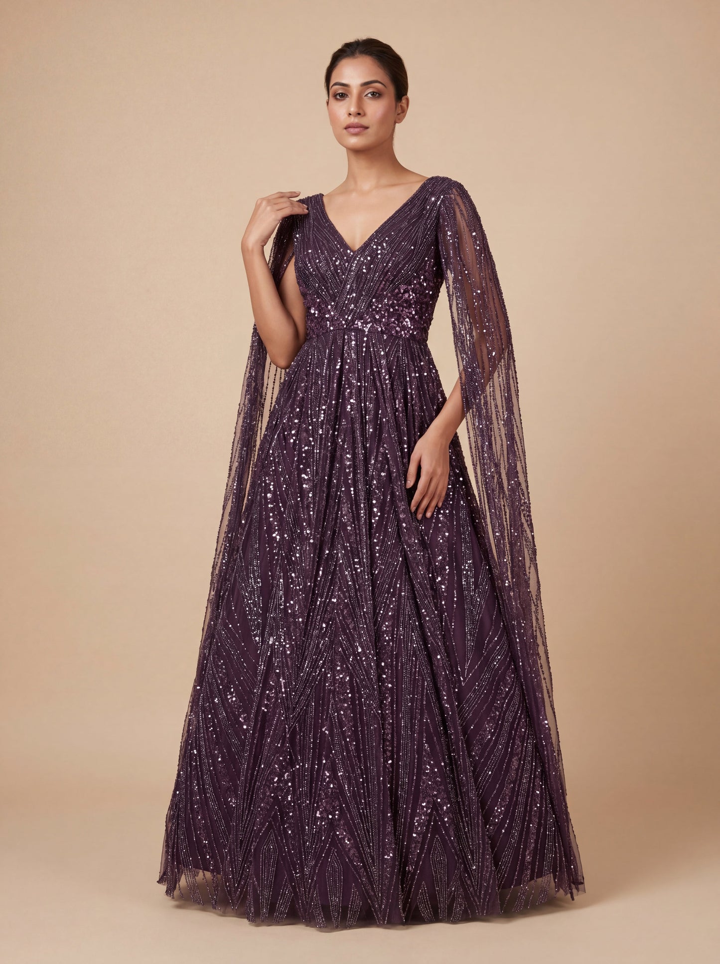 Wine Contemporary Gown With Sequin Embroidery Flared Hem