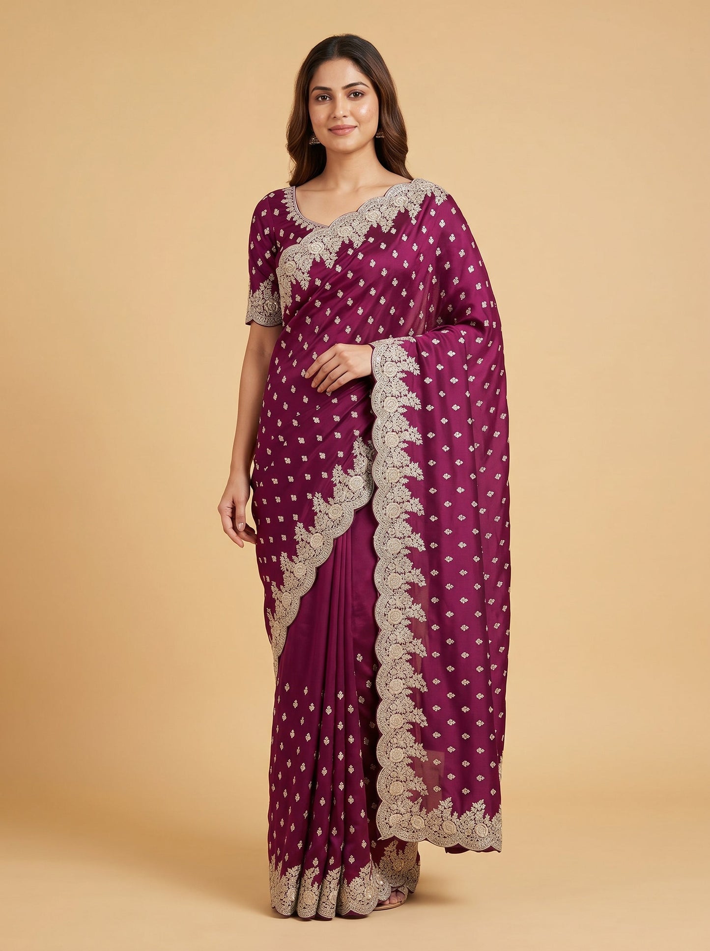 Wine embroidered saree with intricate border