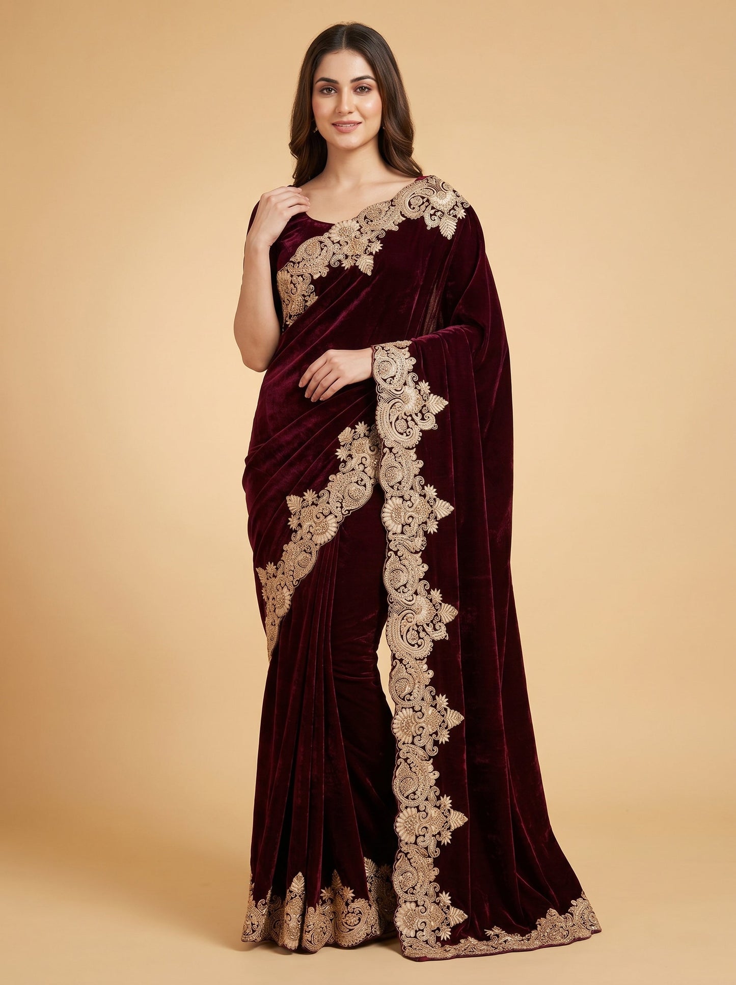 Wine Embroidered Saree with Velvet Finish