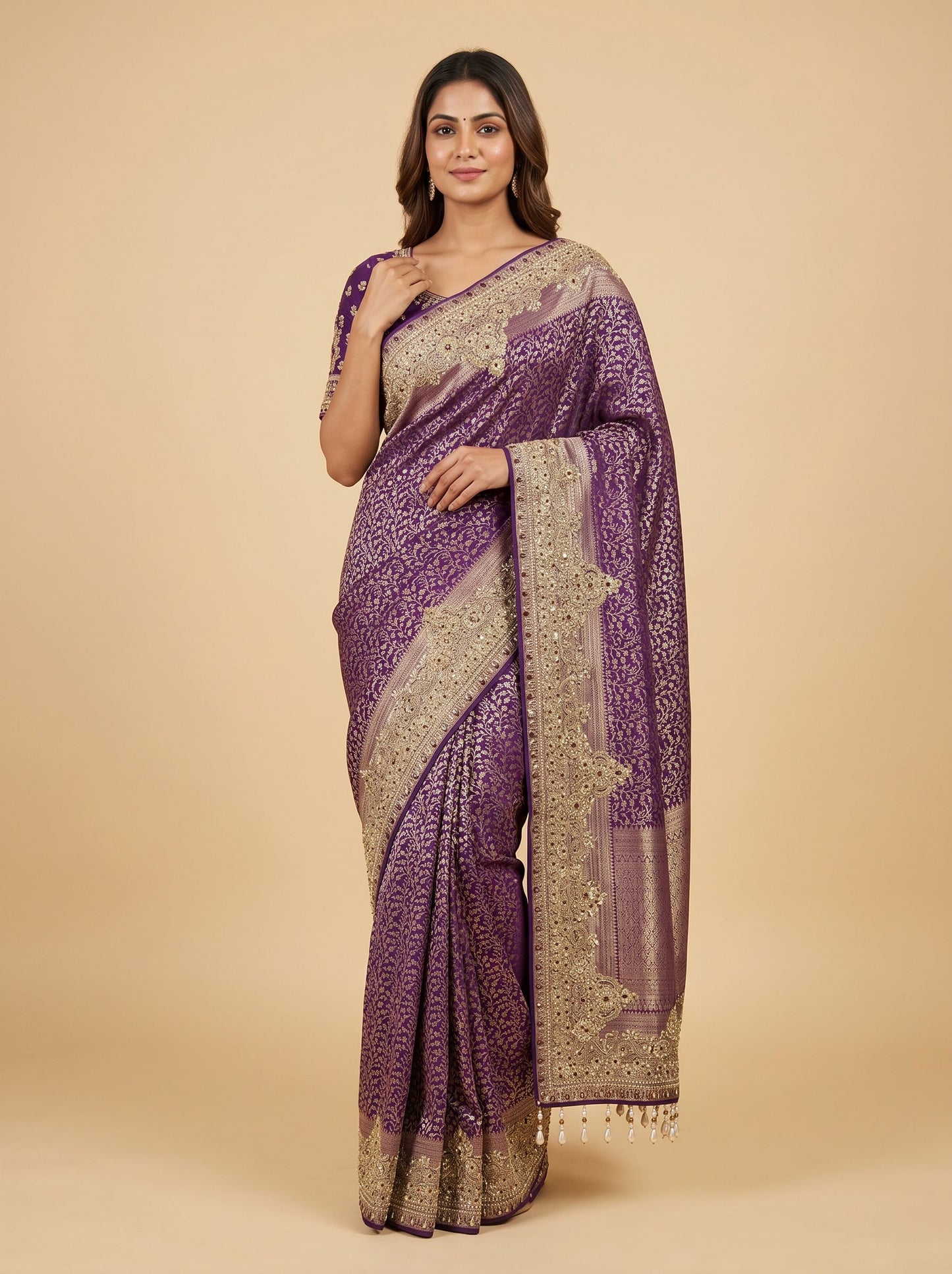 Wine Floral Embroidered Saree