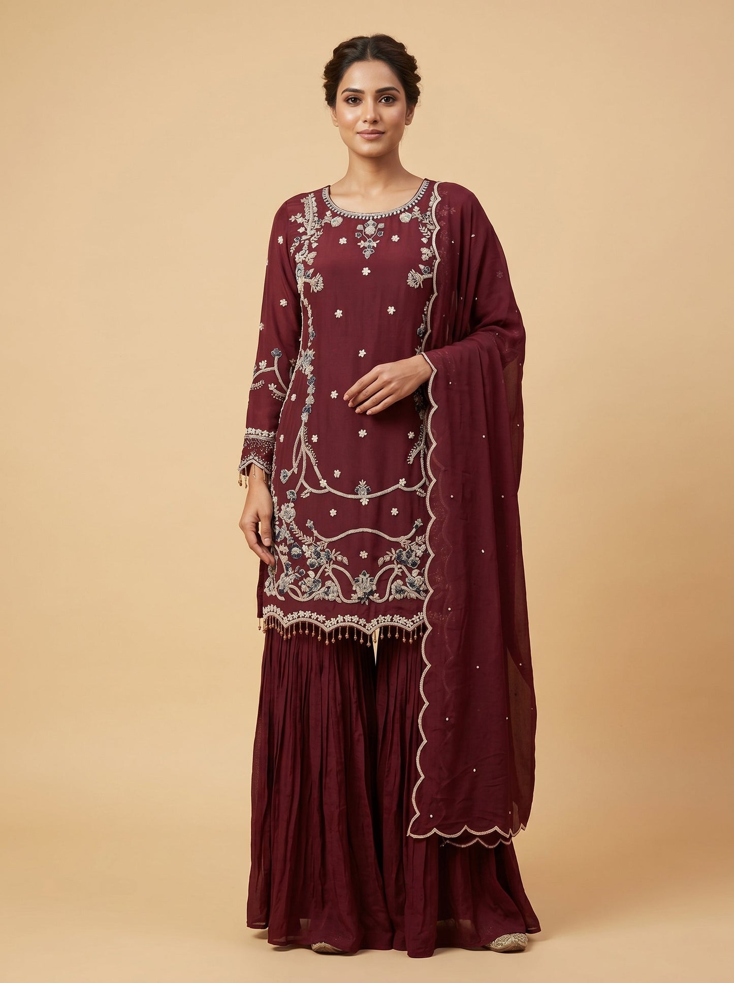 Wine Organza Zari Sharara Set