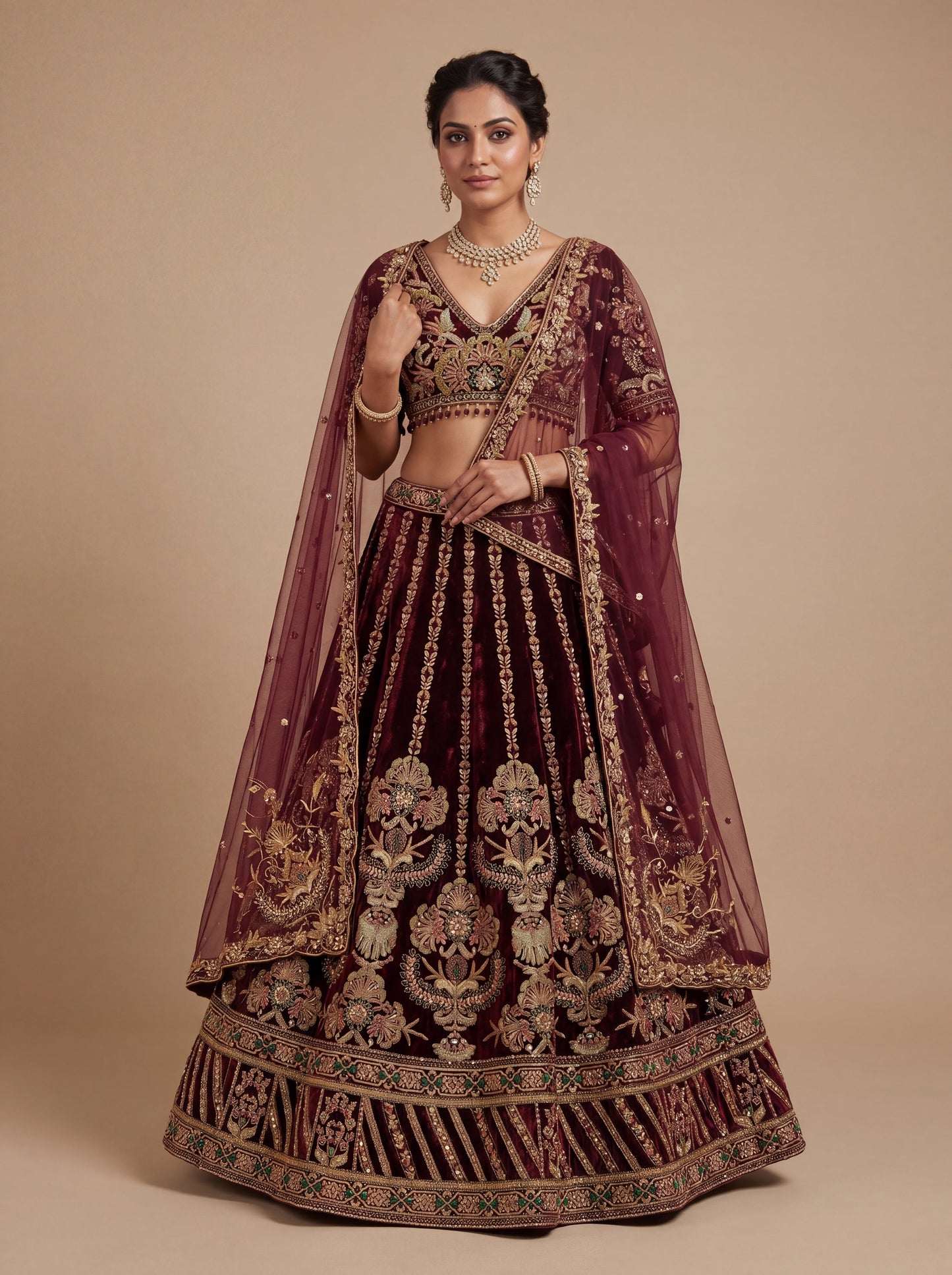 Wine Pheras Bridal Lehenga With Heavy Embroidery Dramatic Flare