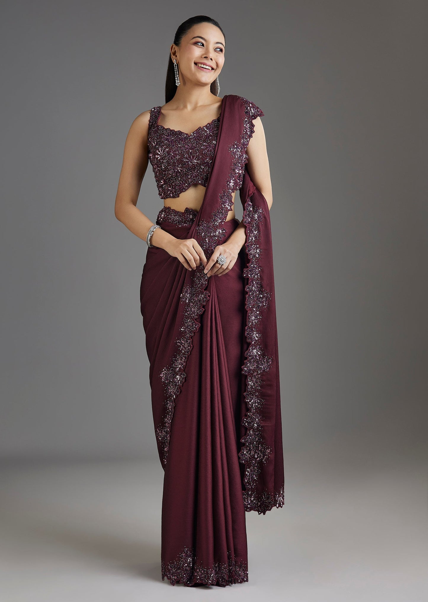 Wine Sequins Embellished Chiffon Saree With Sleeveless Blouse