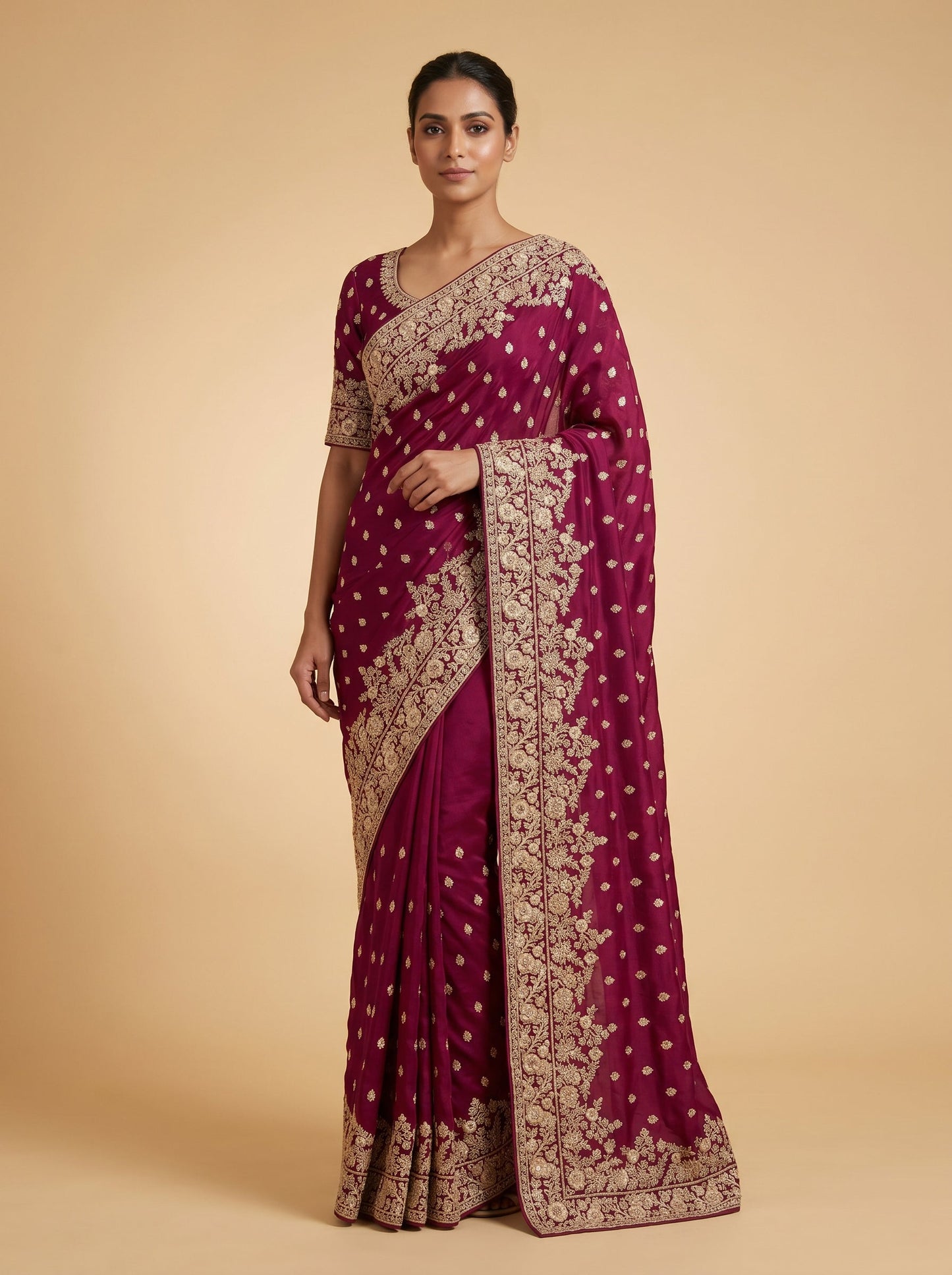 Wine Smooth Detail Embroidered Saree