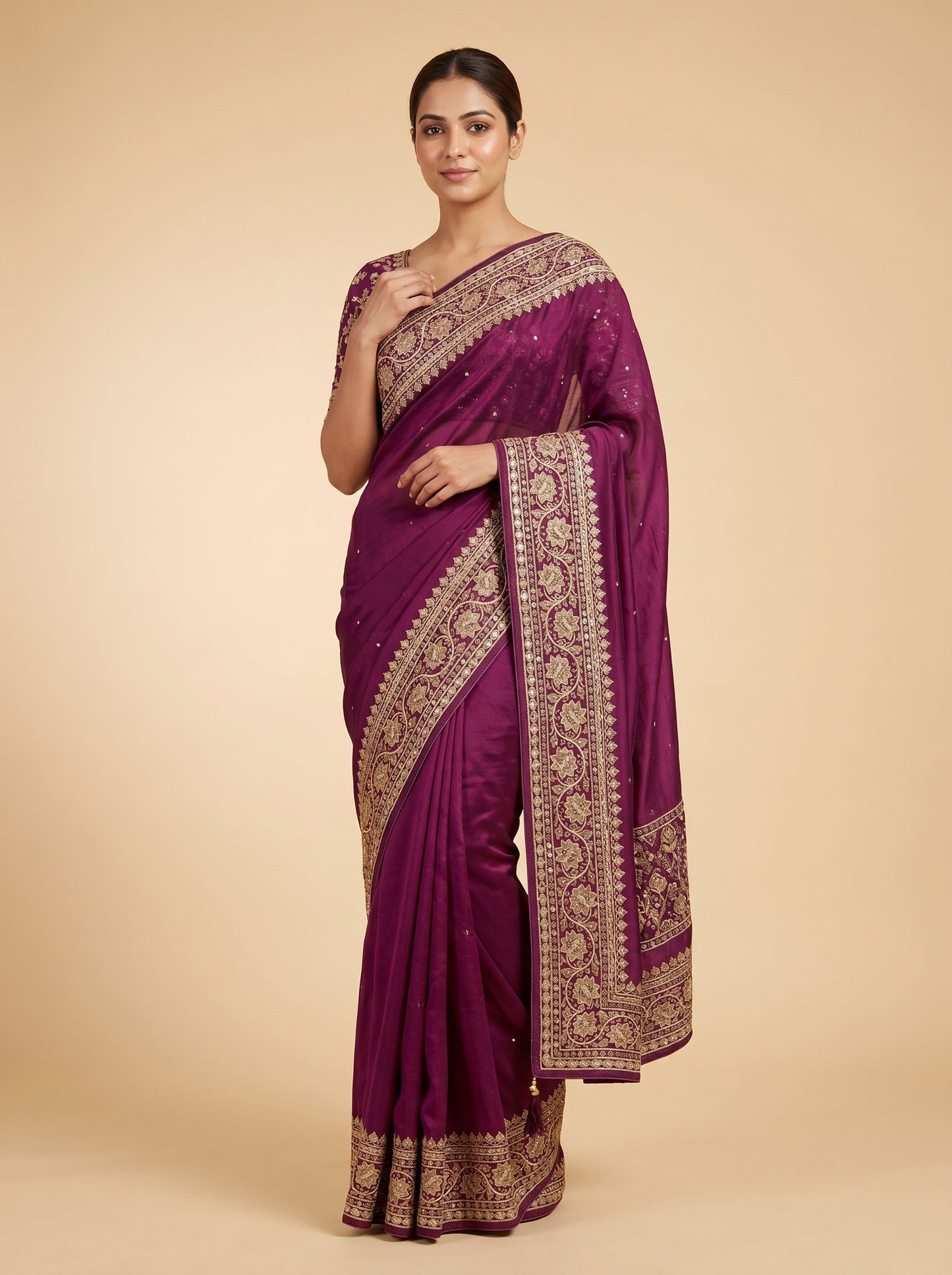Wine Smooth Embroidered Saree