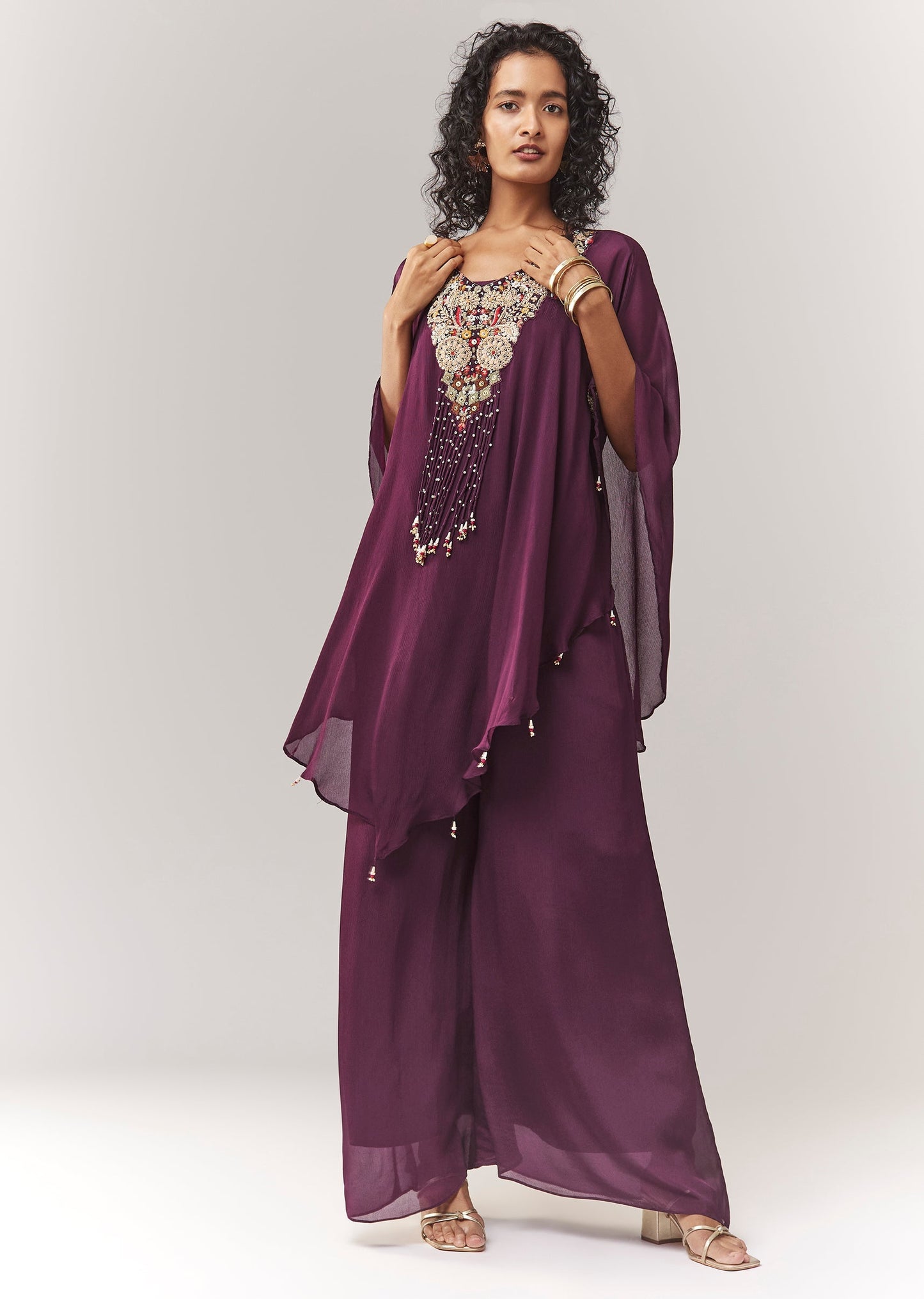 Wine Thread Work Cape Set With Palazzo