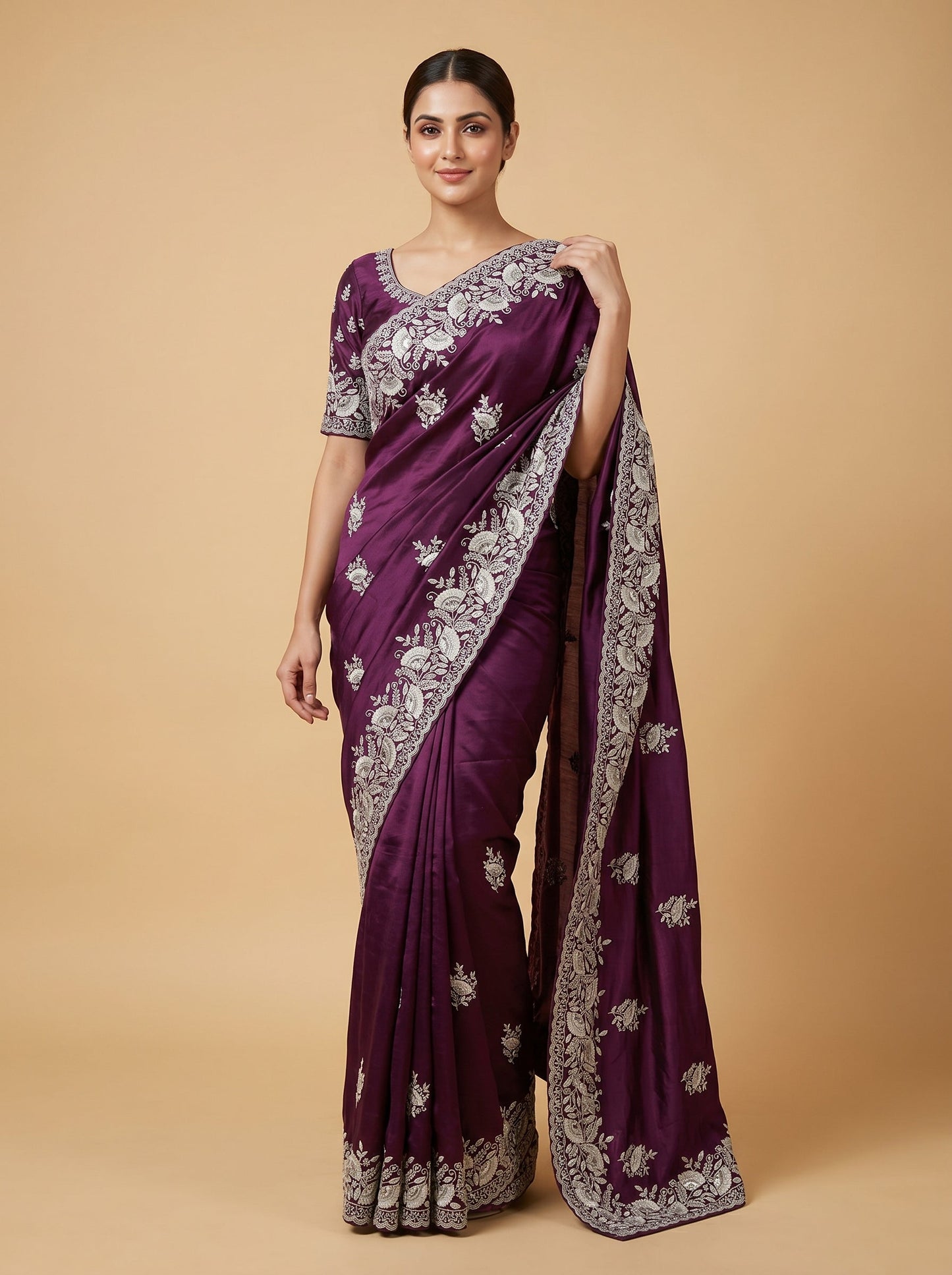 Wine Velvet Allure Embroidered Saree