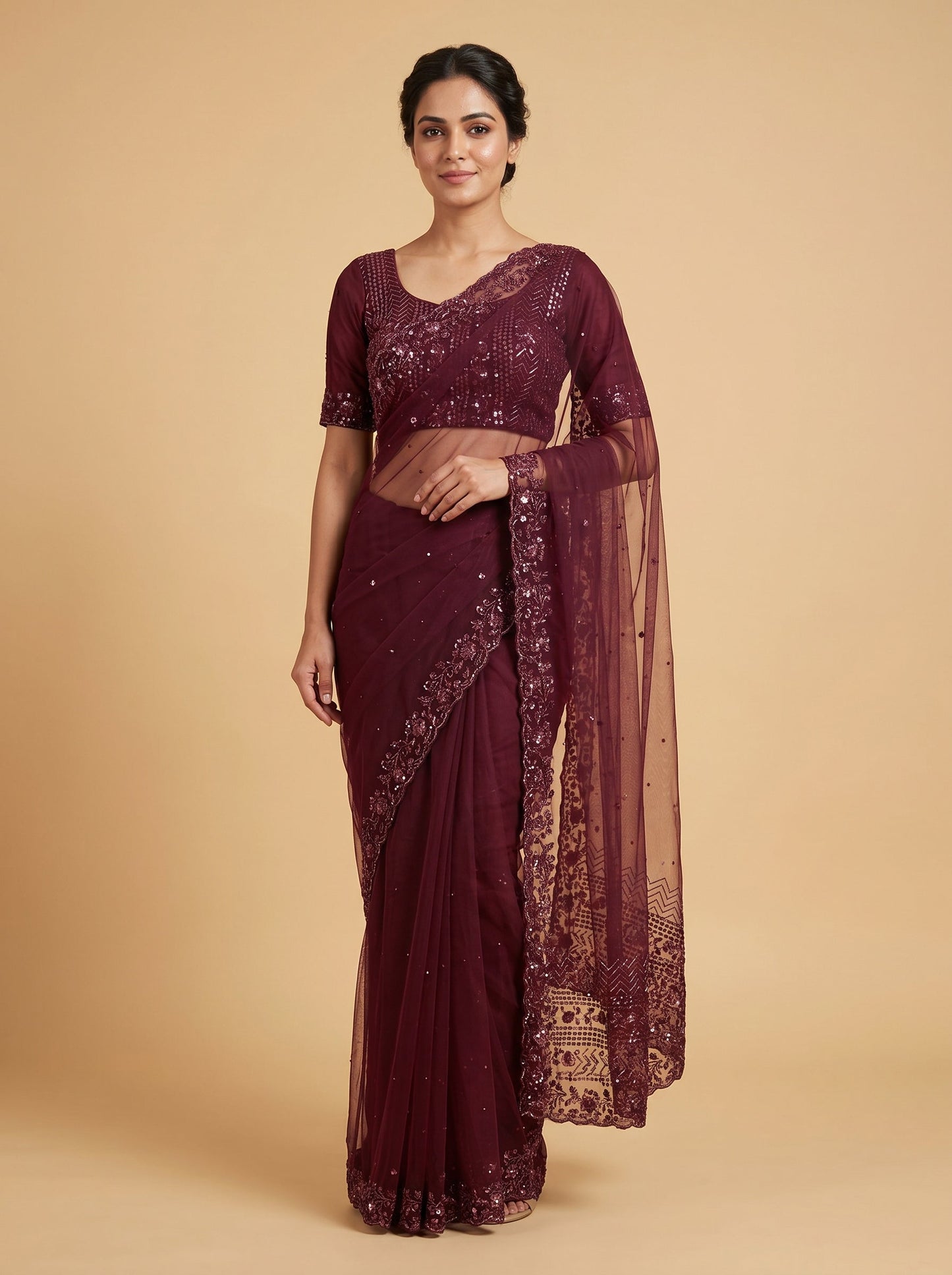 Wine Velvet Depth Embroidered Saree