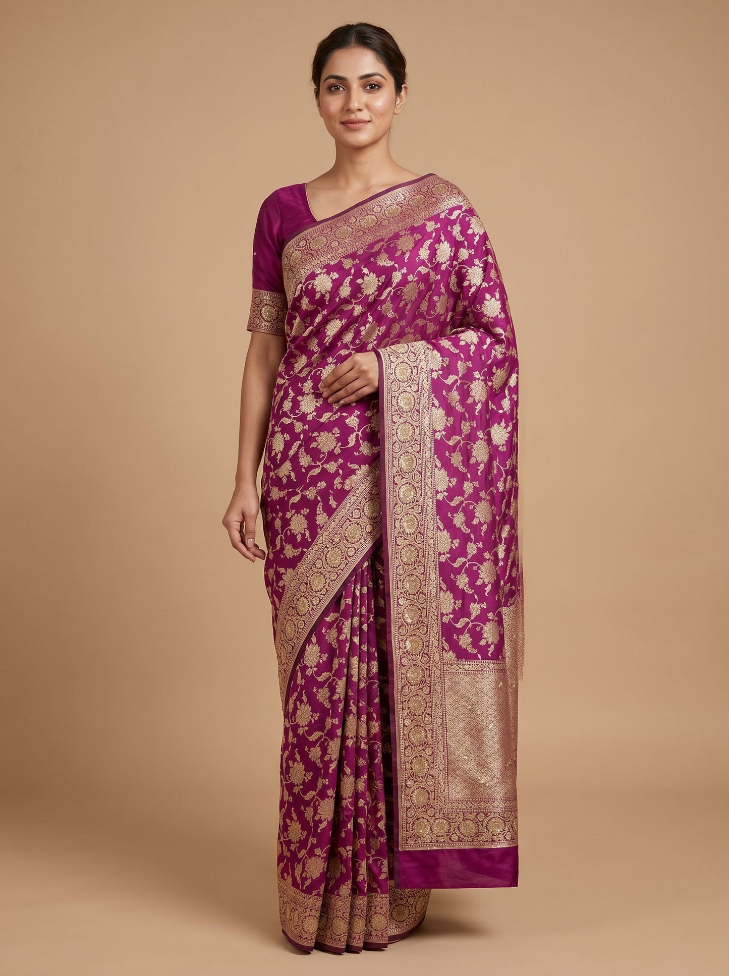 Wine Velvet Finish Embroidered Saree