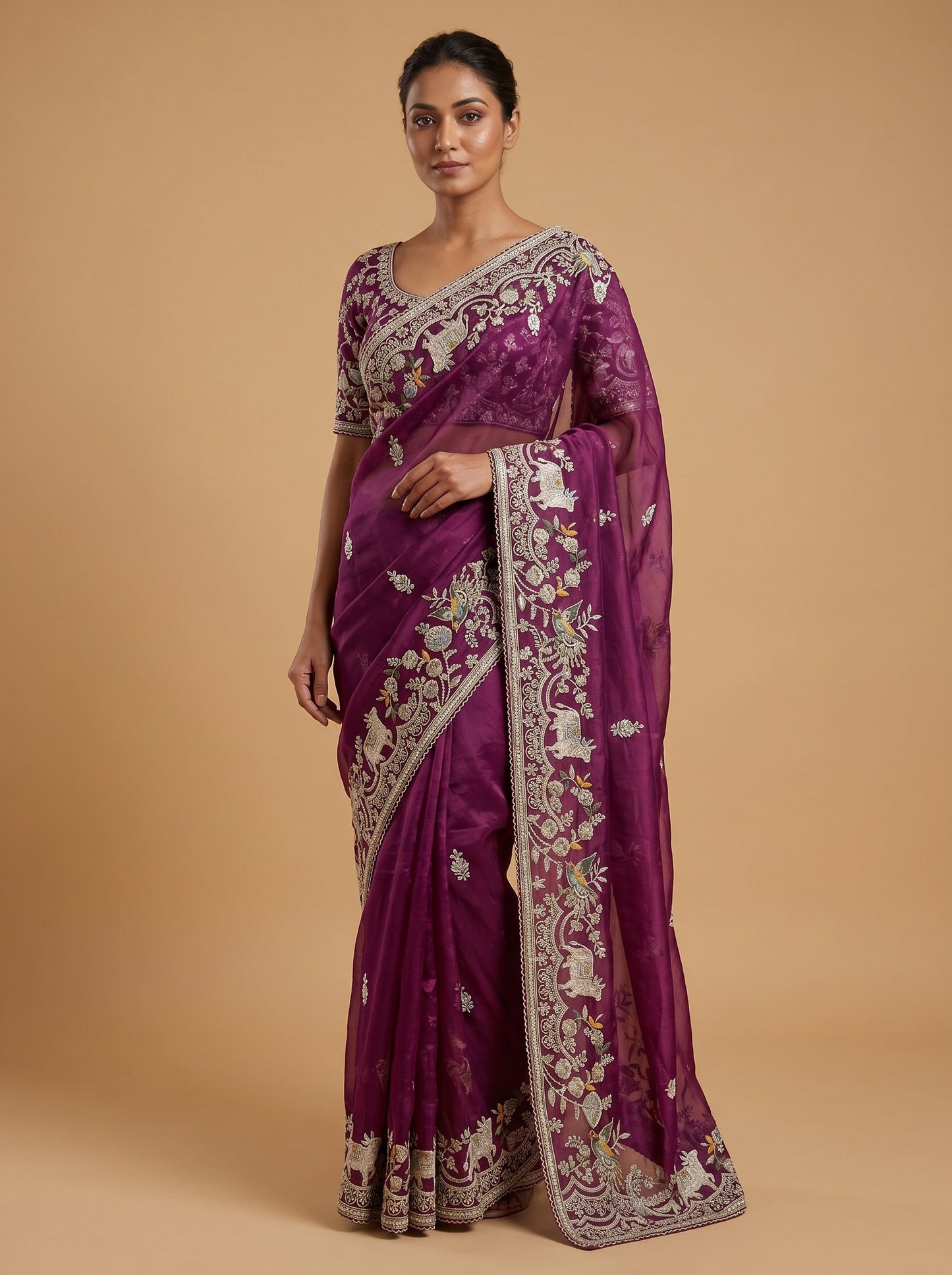 Wine Velvet Glow Embroidered Saree
