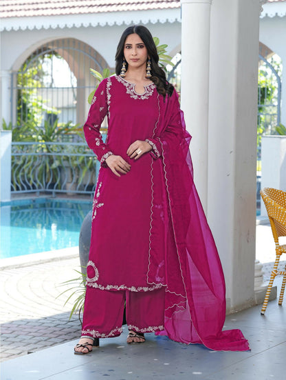 Nikhaar Magenta Embroidered Modal Silk Stitched Straight Cut Kurta Culottes Dupatta Readymade Suit