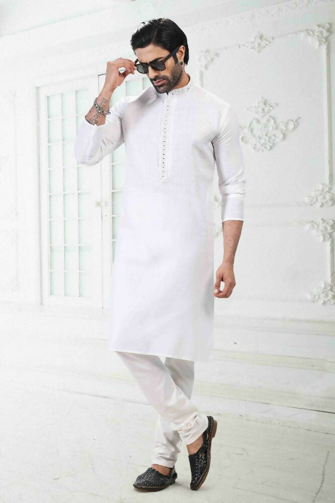 Raivat Ethnic Linen Cotton Thread Work Kurta Pajama In Off White Colour