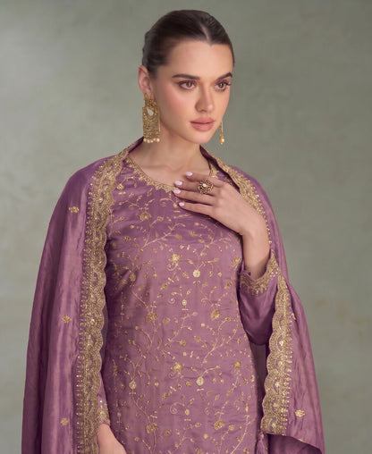 KC Lilac Silk Straight Suit For Women Heavy Embroidery Work