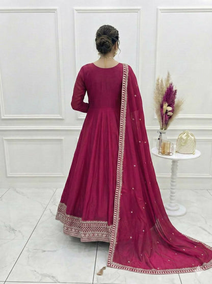 The52 Women's Gorgeous Embroidery Work Vichitra SIlk Fabric Flared Anarkali Dupatta Set-Dark Pink