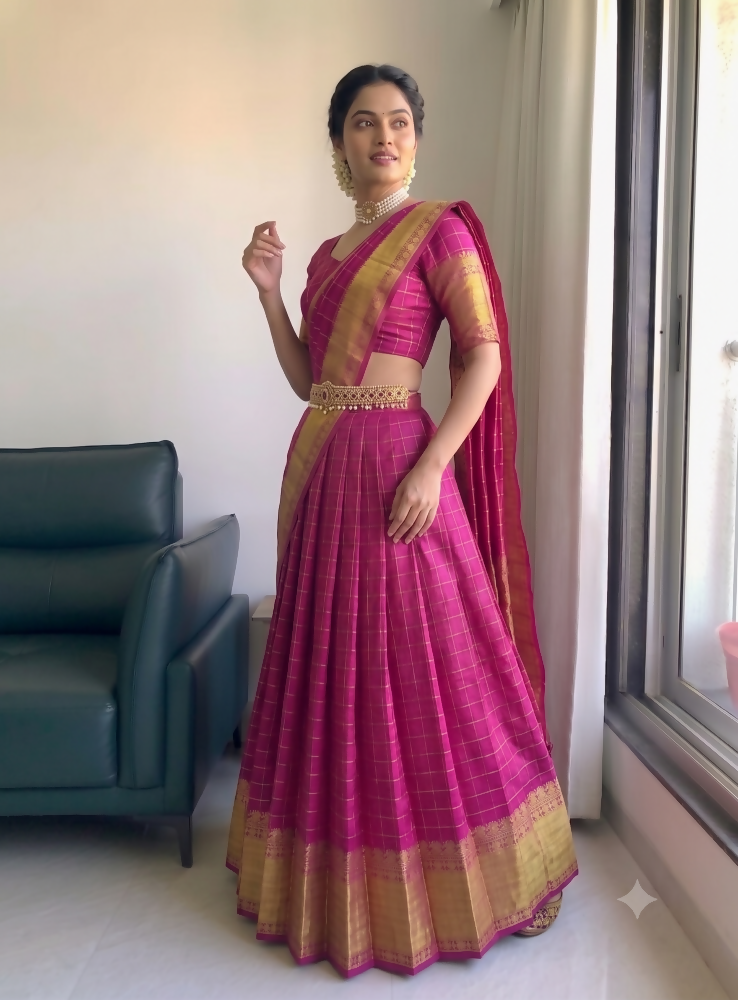 Teeya Creation Festive Rani Pink Checkered Silk Lehenga Choli with Golden Zari Detail