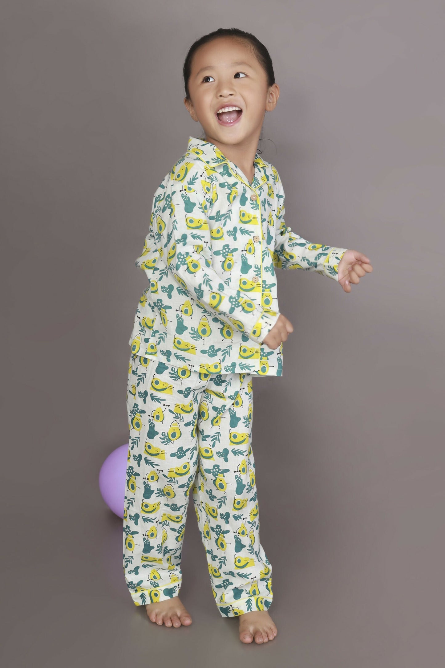 Breathables Kids Cotton Night Suit  White Avocado Print Shirt & Pyjama Co-Ord Set For Boys & Girls