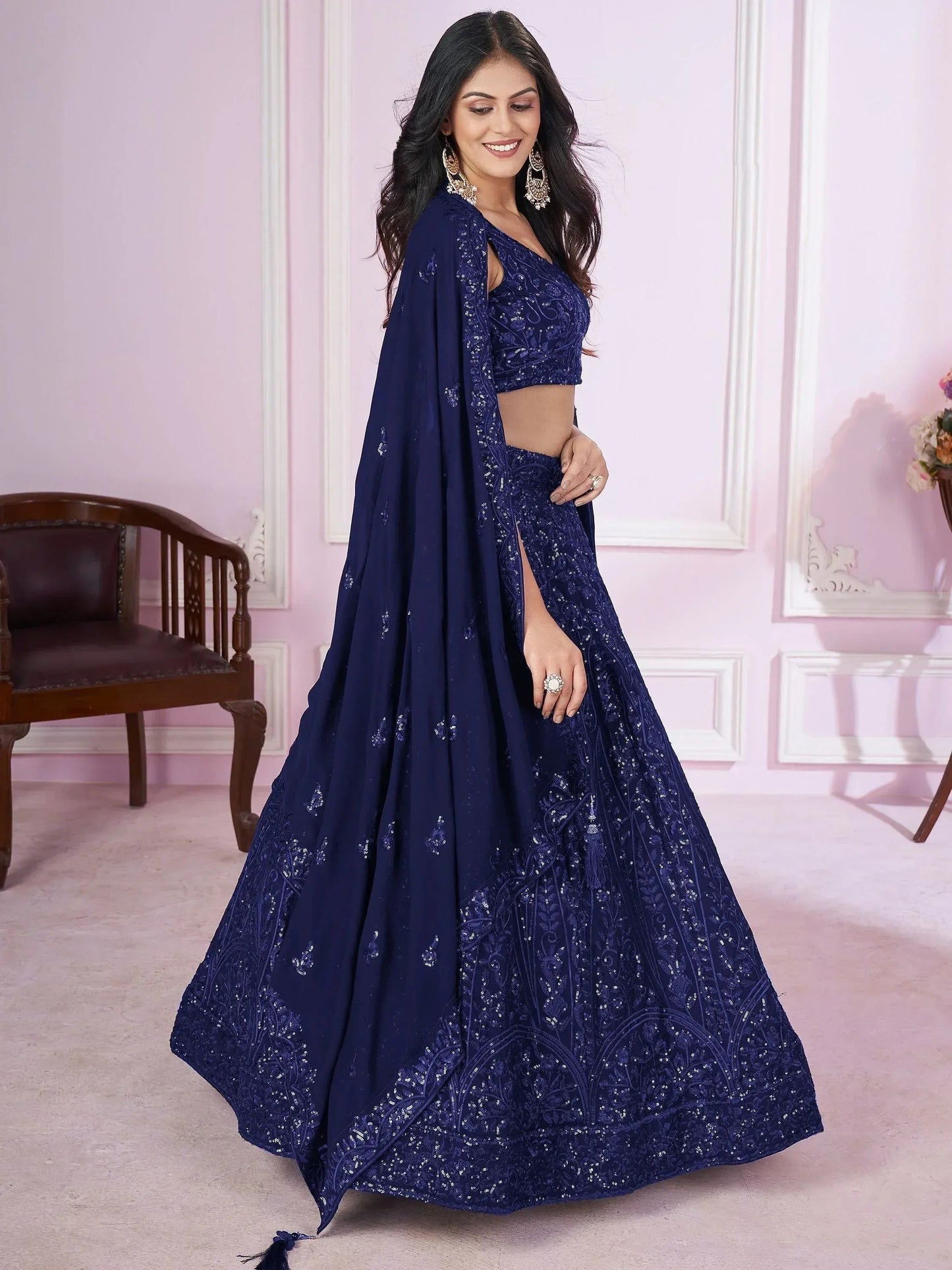Tulsi Art Wonderful Navy Blue Sequins Georgette Wedding Wear Lehenga Choli