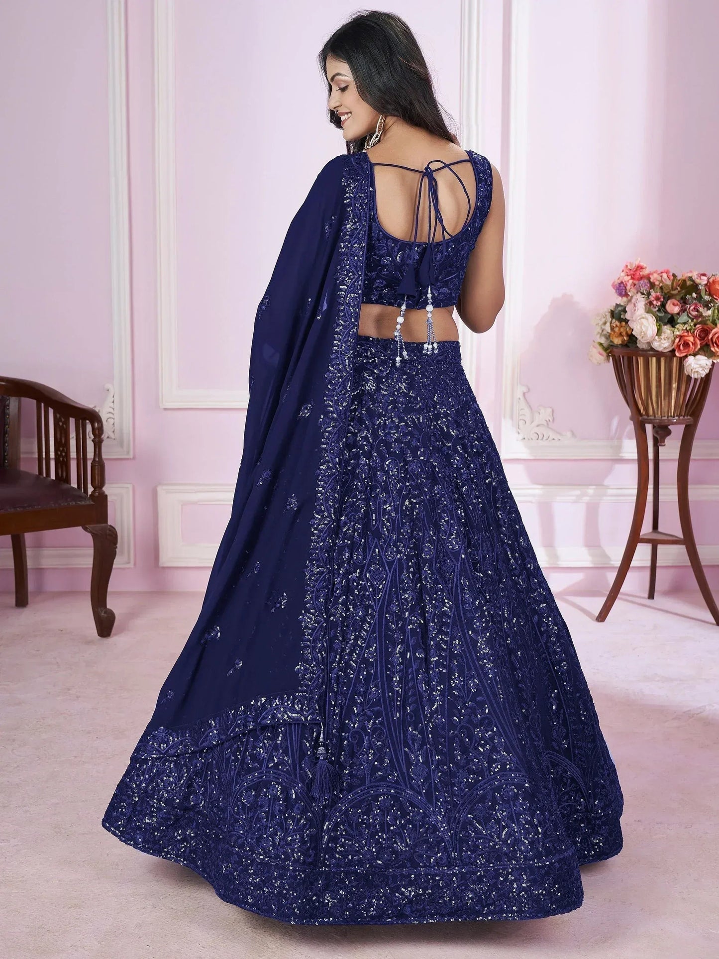 Tulsi Art Wonderful Navy Blue Sequins Georgette Wedding Wear Lehenga Choli