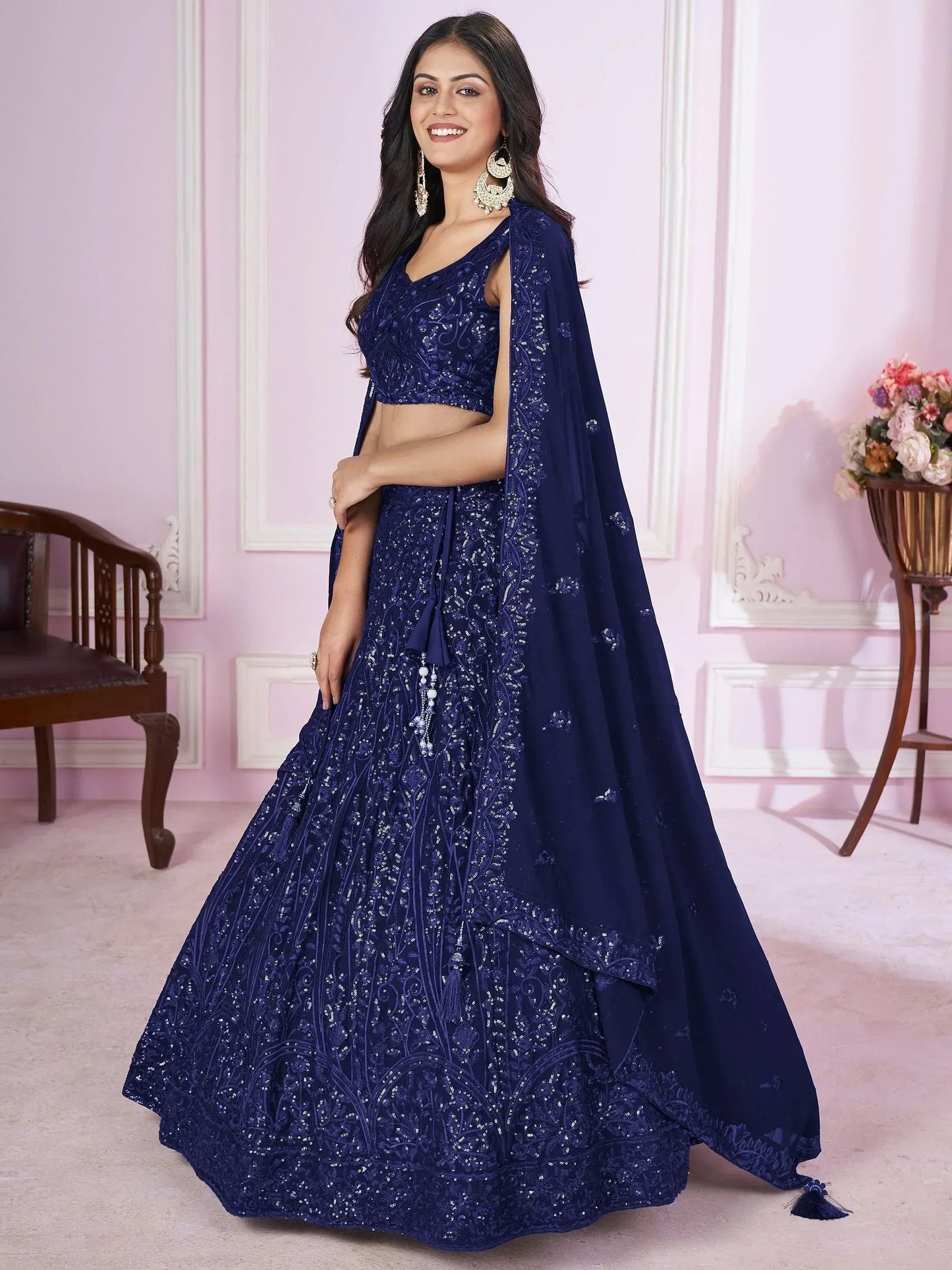 Tulsi Art Wonderful Navy Blue Sequins Georgette Wedding Wear Lehenga Choli