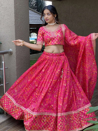 Tulsi Art Wonderful Pink Floral Printed Organza Lehenga Choli With Dupatta