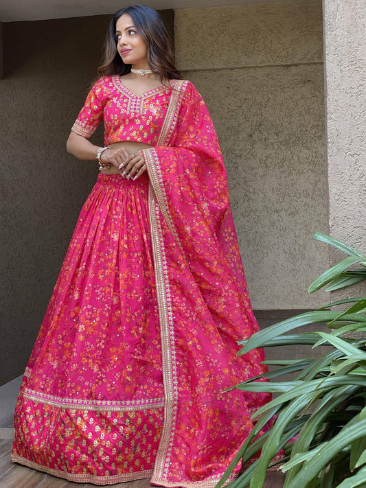 Tulsi Art Wonderful Pink Floral Printed Organza Lehenga Choli With Dupatta