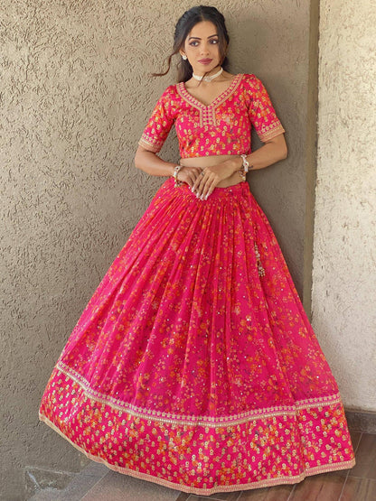 Tulsi Art Wonderful Pink Floral Printed Organza Lehenga Choli With Dupatta