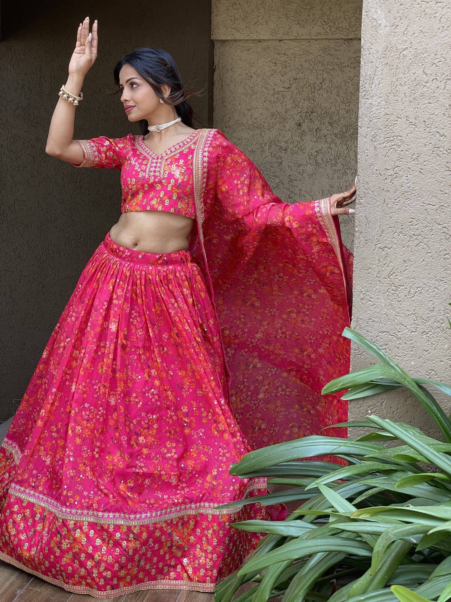 Tulsi Art Wonderful Pink Floral Printed Organza Lehenga Choli With Dupatta