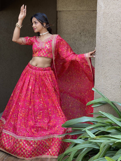 Tulsi Art Wonderful Pink Floral Printed Organza Lehenga Choli With Dupatta