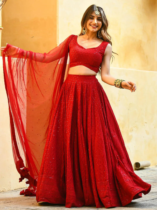 Tulsi Art Wonderful Red Sequins Georgette Sangeet Wear Lehenga Choli