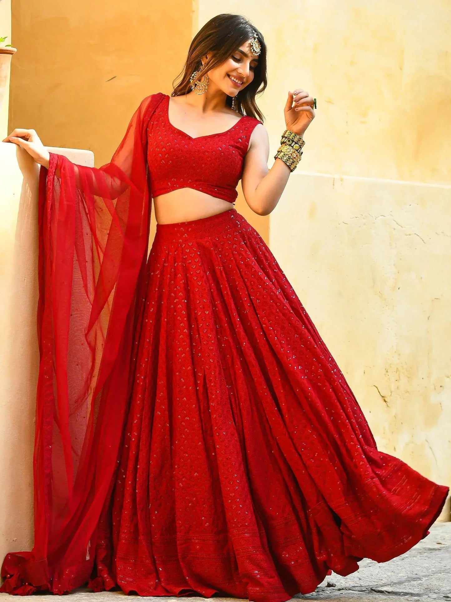 Tulsi Art Wonderful Red Sequins Georgette Sangeet Wear Lehenga Choli