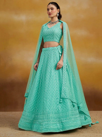 Tulsi Art Wonderful Sky-Blue Thread Work Georgette Wedding Wear Lehenga Choli