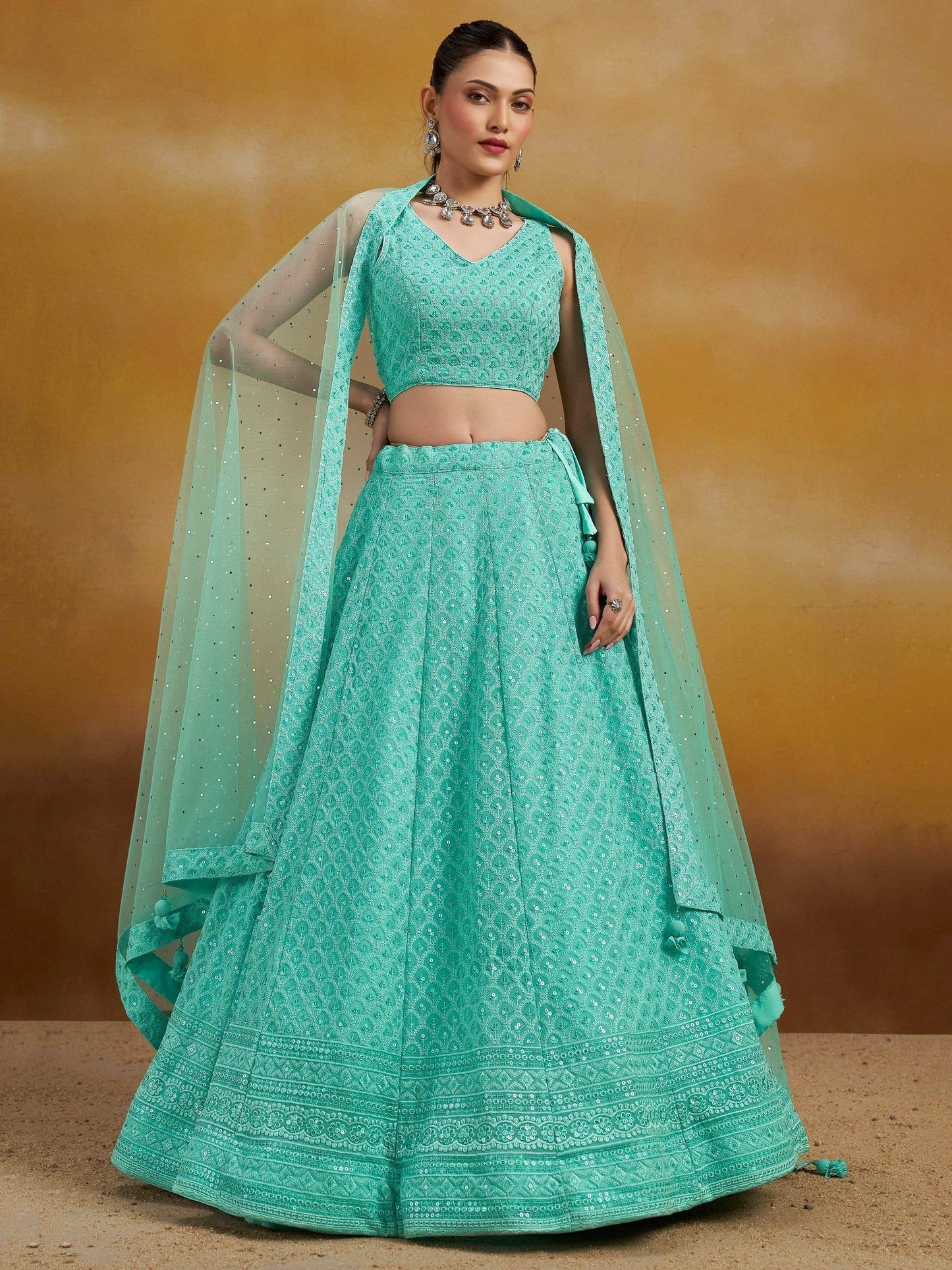 Tulsi Art Wonderful Sky-Blue Thread Work Georgette Wedding Wear Lehenga Choli